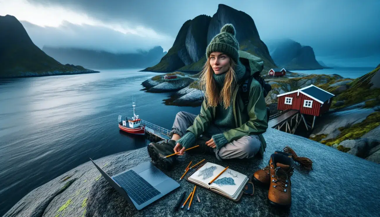 Game developer sketching above a misty norwegian fjord at blue hour