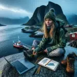 Game developer sketching above a misty norwegian fjord at blue hour