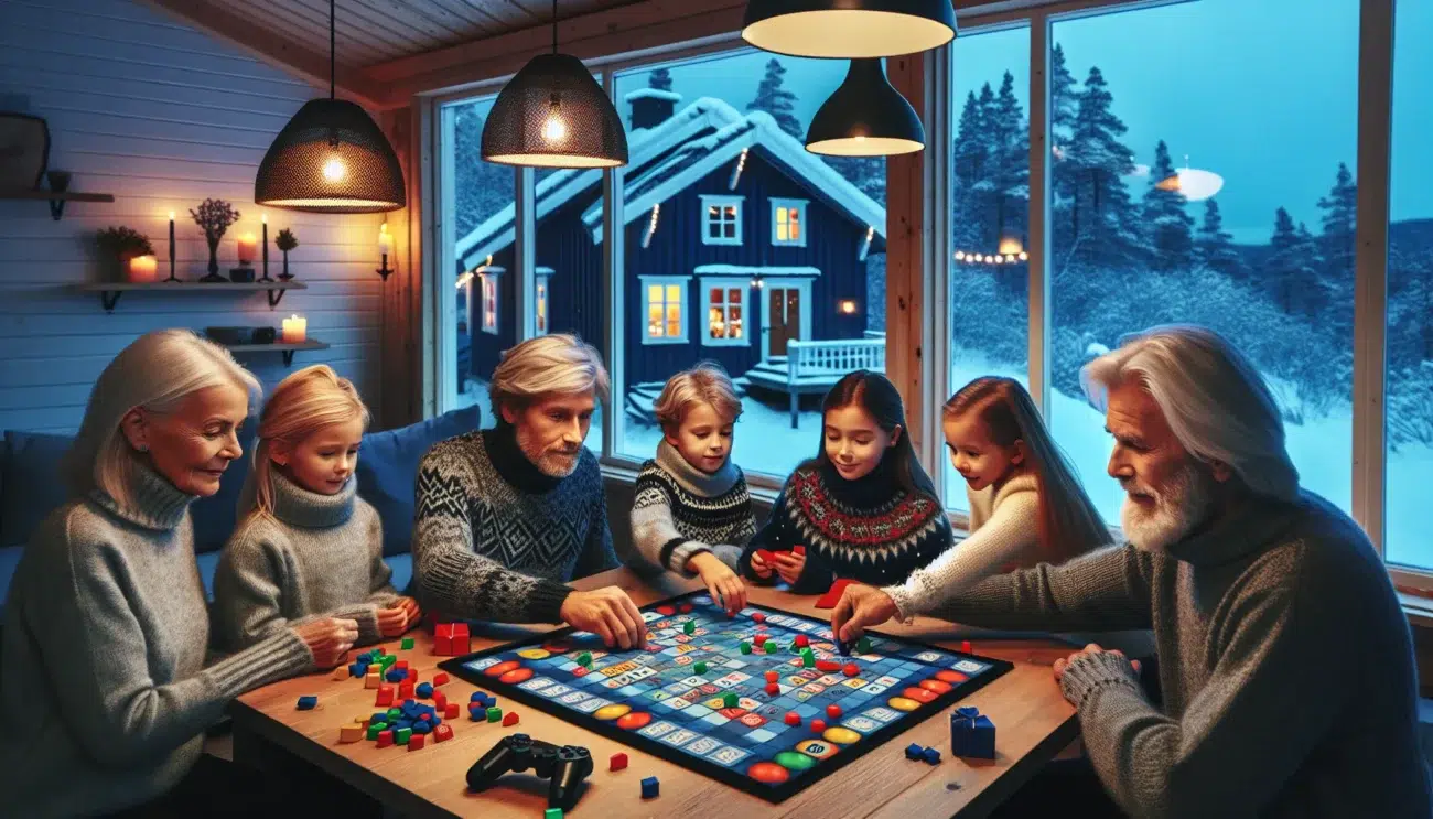 Norwegian family laughing over a board game in a cozy cabin