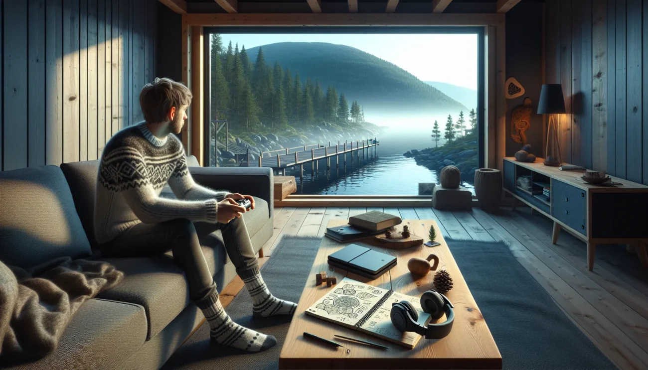 Norwegian gamer in a cozy cabin plays at dusk with fjord view