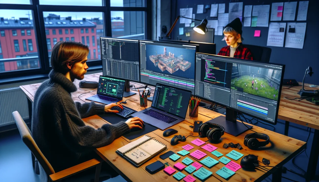 Young norwegian developers prototyping a game in a cozy oslo studio at dusk