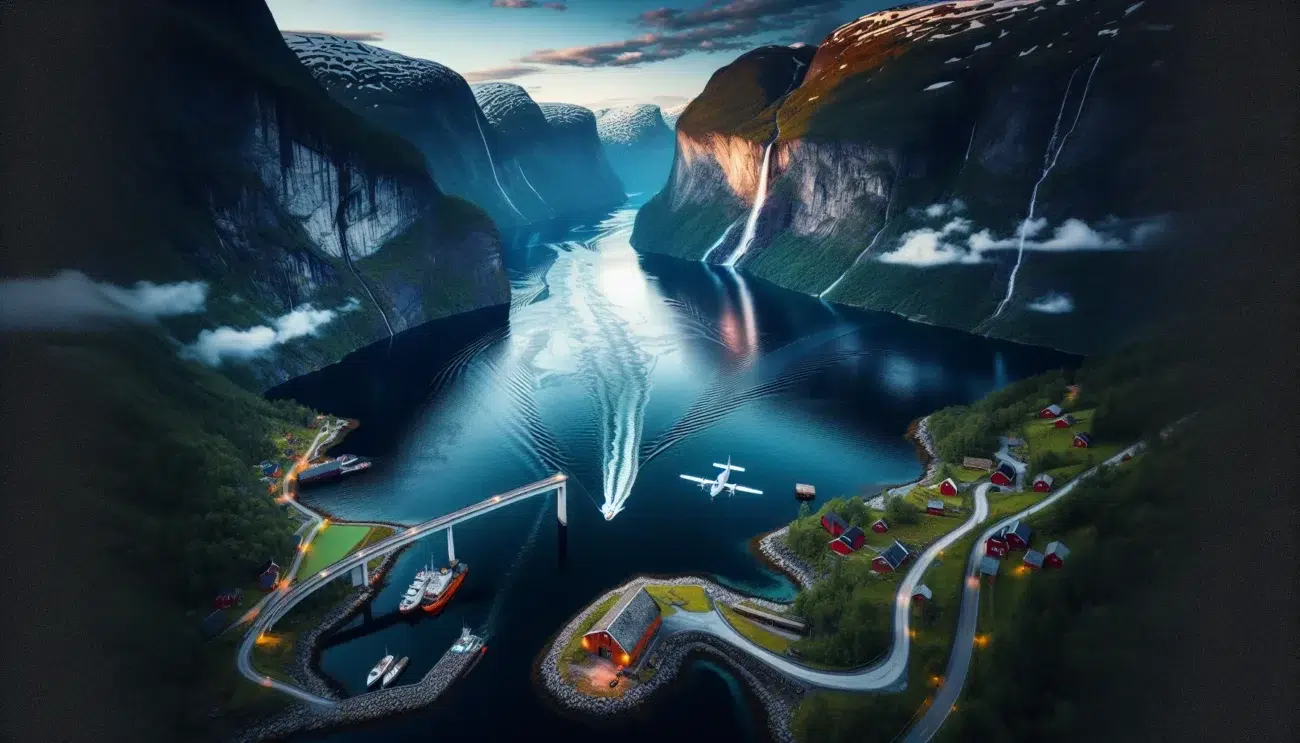 Aerial fjord scene with plane truck on mountain road and kayaker at dusk