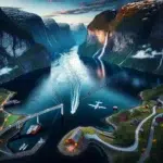 Aerial fjord scene with plane truck on mountain road and kayaker at dusk
