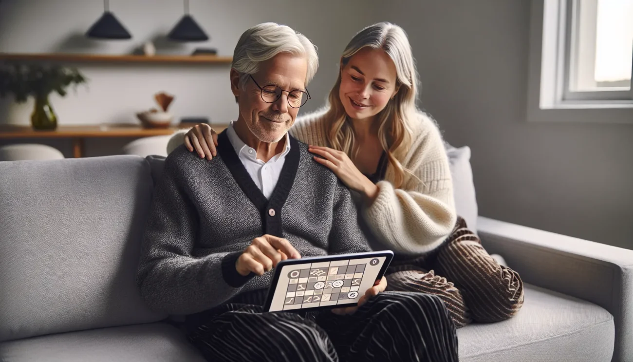 Elderly man and daughter choose an accessible puzzle game on a tablet