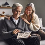 Elderly man and daughter choose an accessible puzzle game on a tablet