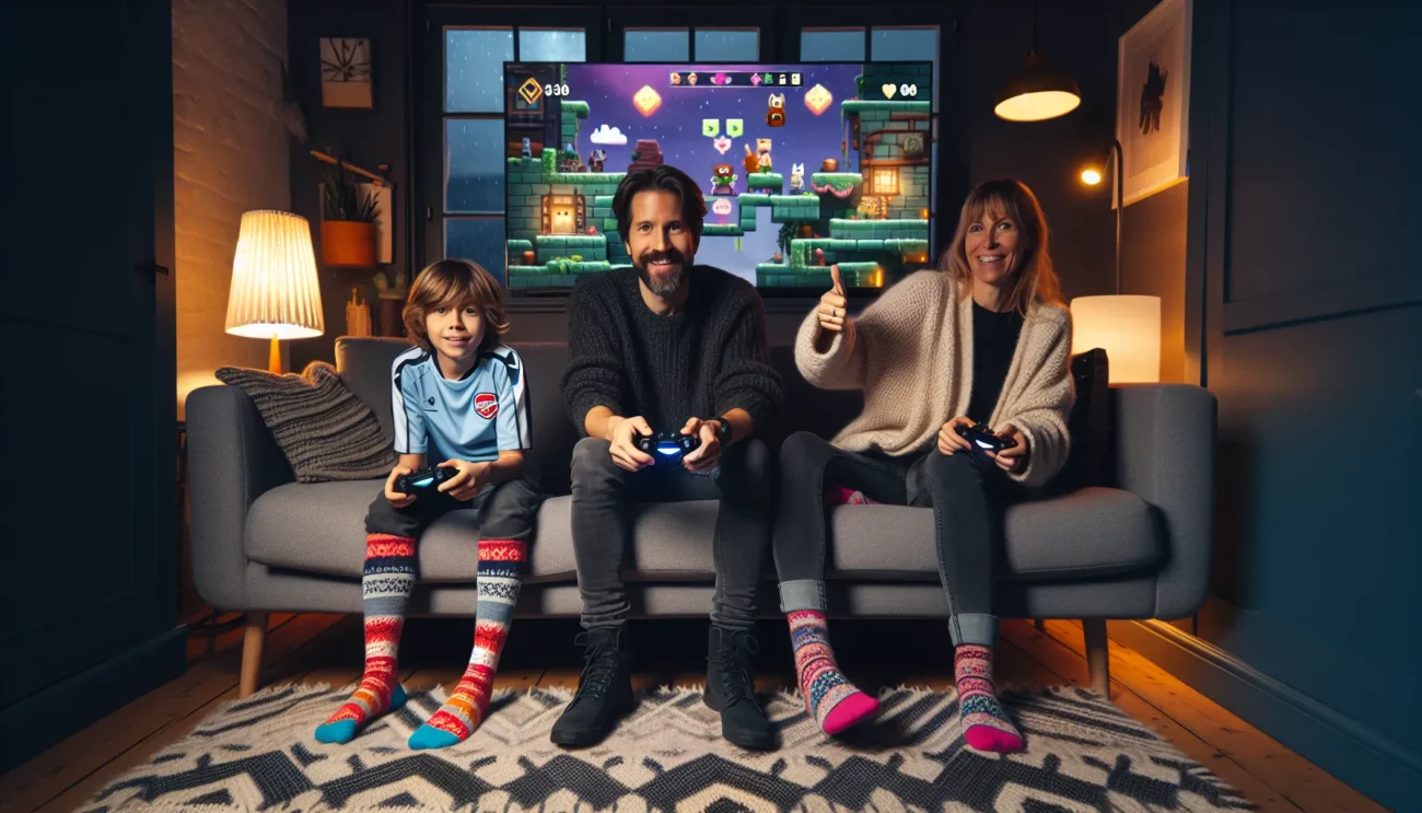 Norwegian family laughing and playing a cooperative video game together at home