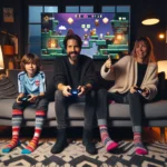 Norwegian family laughing and playing a cooperative video game together at home