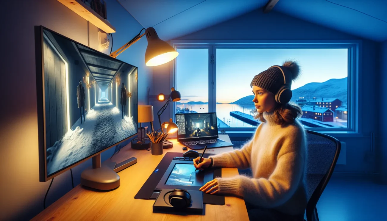 Norwegian game studio with screens reflecting iconic titles and nordic atmosphere