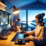 Norwegian game studio with screens reflecting iconic titles and nordic atmosphere