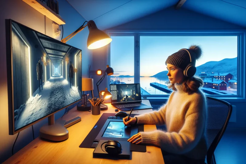 Norwegian game studio with screens reflecting iconic titles and nordic atmosphere