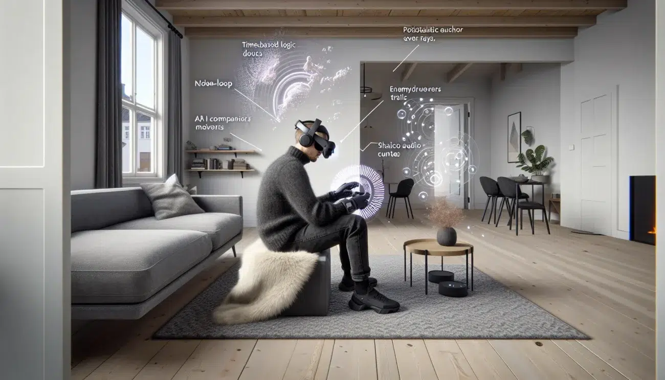 Norwegian gamer uses mixed reality headset with ar overlays in an oslo apartment