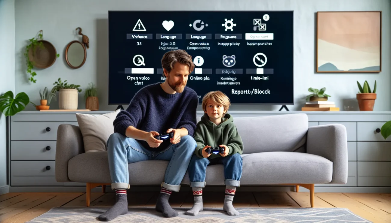 Parent and child reviewing pegi and safety settings on a game at home