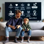 Parent and child reviewing pegi and safety settings on a game at home