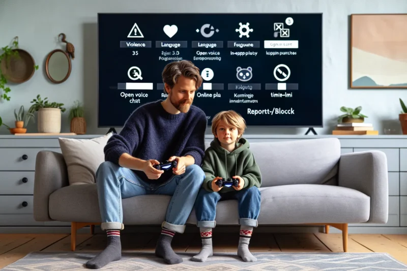 Parent and child reviewing pegi and safety settings on a game at home