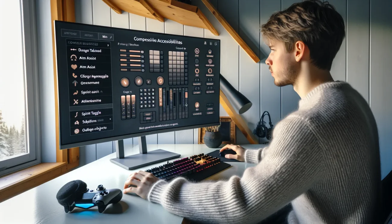 Person adjusting detailed game accessibility settings in a norwegian home